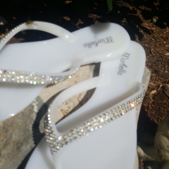 MARBELLA ♡ Gorgeous White Embellished Bling of Rhinestones Jelly Thong Sandals 6 - Picture 8 of 17